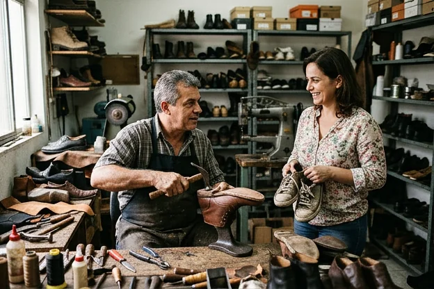 Atendimento a cliente, sapateiro ajustando um calçado enquanto conversa.