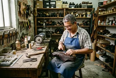 Sapateiro recondicionando um sapato social, demonstrando a qualidade do serviço em Queimados.