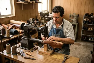 Sapateiro usando uma máquina de costura para reparar um calçado em Queimados.