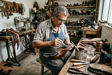 Sapateiro aplicando cola a uma sola descolada de sapato em Queimados, demonstrando o processo.