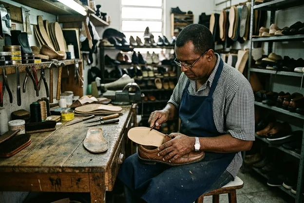 Sapateiro realizando a troca de palmilhas de um sapato em Queimados, com foco na qualidade.