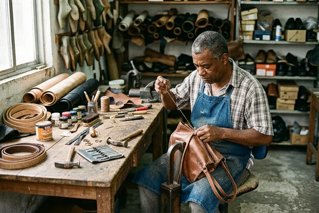 Sapateiro trabalhando na reforma de uma bolsa de couro, demonstrando as técnicas aplicadas.